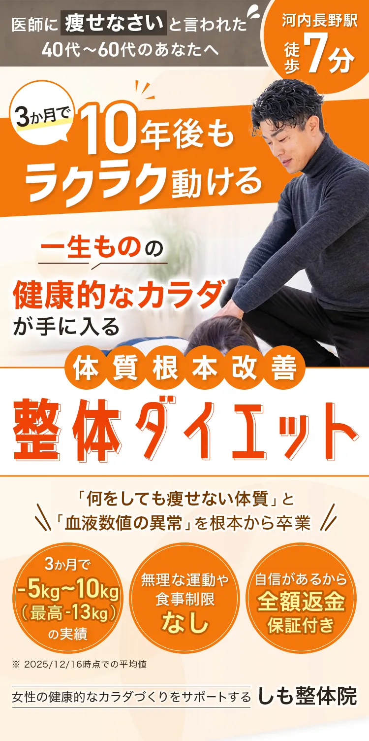 3か月で10年後もラクラク動ける
														一生ものの健康的なカラダが手に入る
														体質根本改善　整体ダイエット